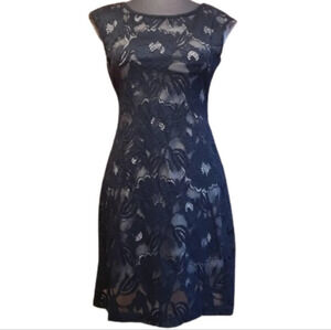 Connected Apparel Navy Blue Crochet Lace Overlay Cap Sleeve Dress Size Women 10